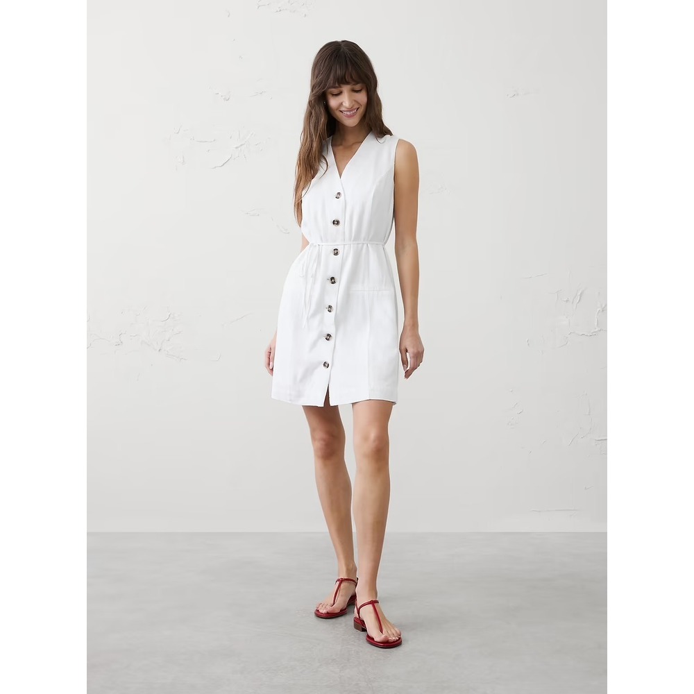 Banana Republic Shirt Dress Womens Medium White Excellent Linen Blend Tie Waist